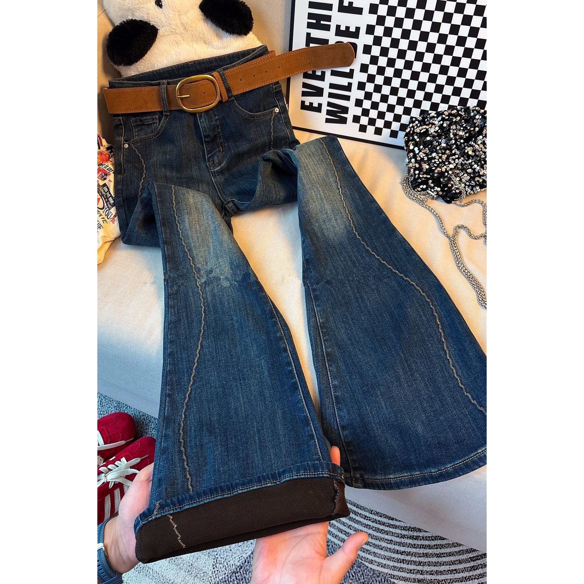 高个子加长复古高腰微喇牛仔裤女秋冬加绒加厚修身显喇叭马蹄裤