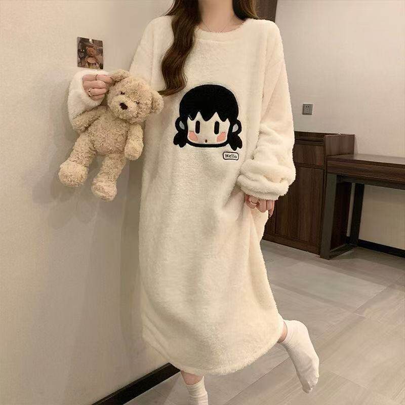 睡衣女冬季法兰绒睡裙女秋冬保暖中长款珊瑚绒可爱加厚学生韩版