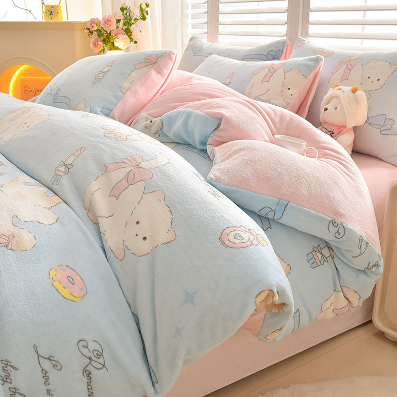 珊瑚绒床品宿舍三件套牛奶蝴蝶结床单四件套绒双面小猫被套冬季