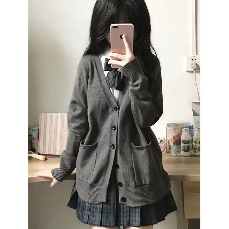 甜美学院风纯色毛衣女校供感百搭宽松长袖v领针织开衫jk套装