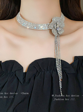 镶钻花朵流苏项链choker轻锁骨众女高级感饰品出口链时尚奢小百搭