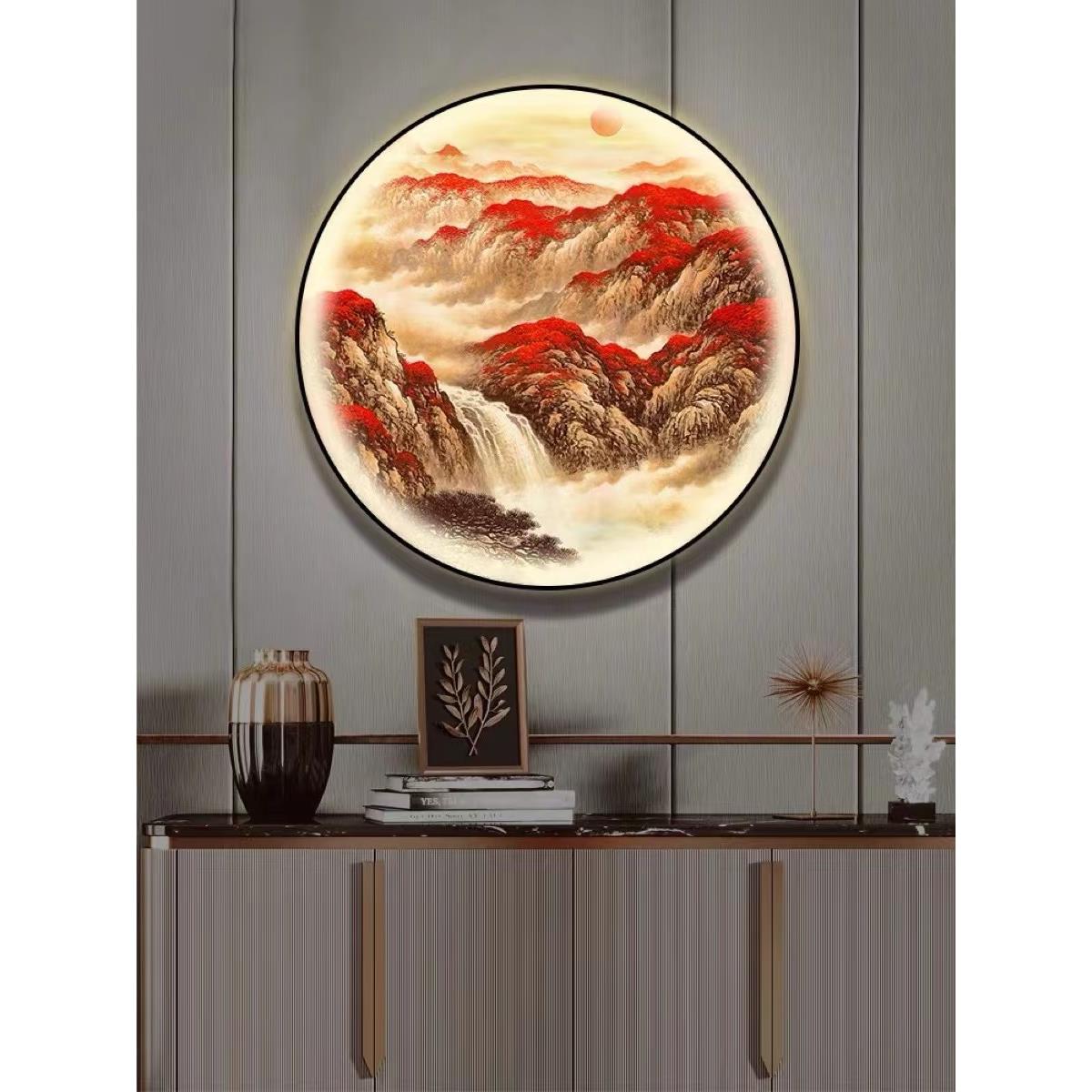 鸿运当头玄关装饰画带灯新中式圆形茶室背景墙灯画办公室山水挂画