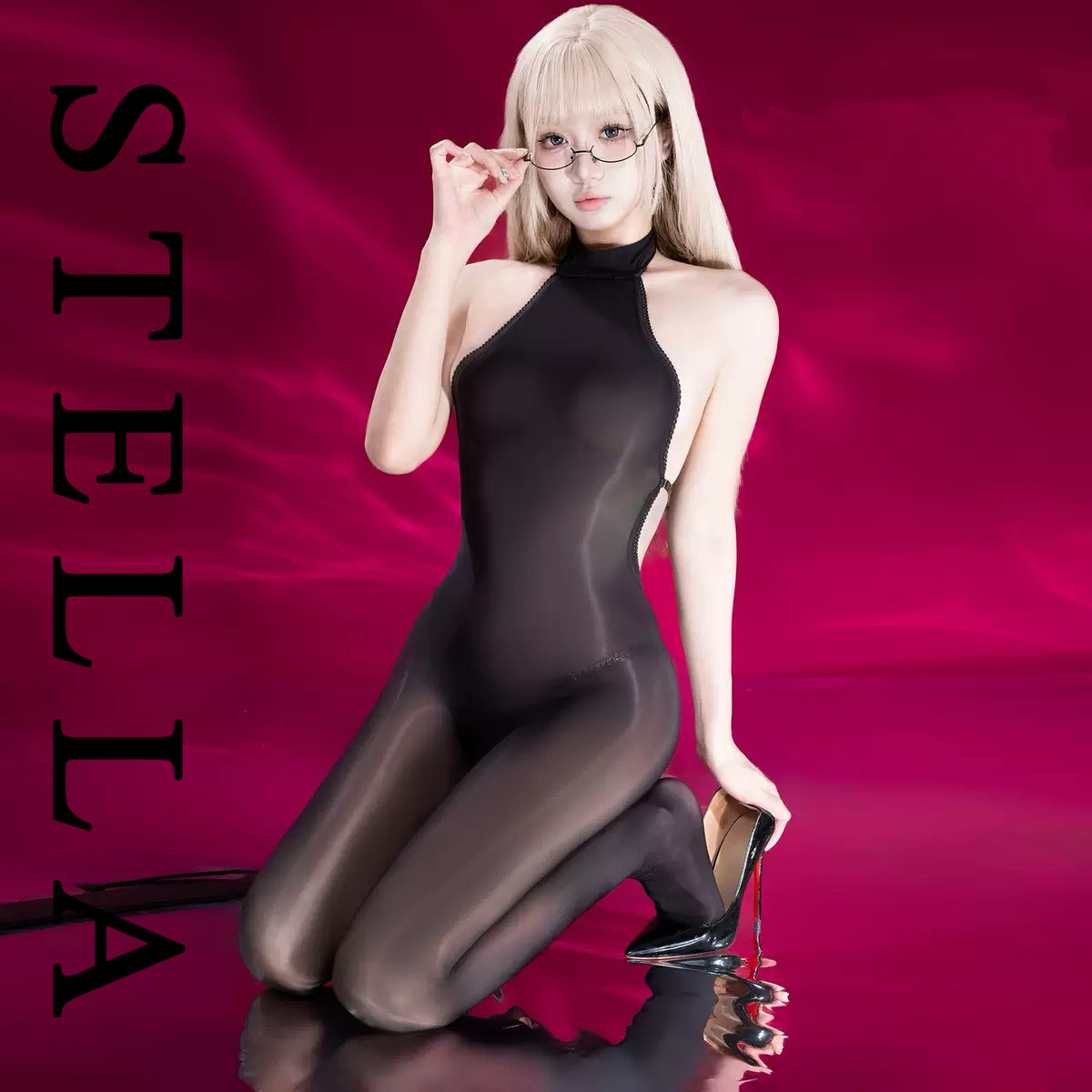 STELLA薄款挂脖连体打底衣6D丝滑修身黑色连体马油袜内搭