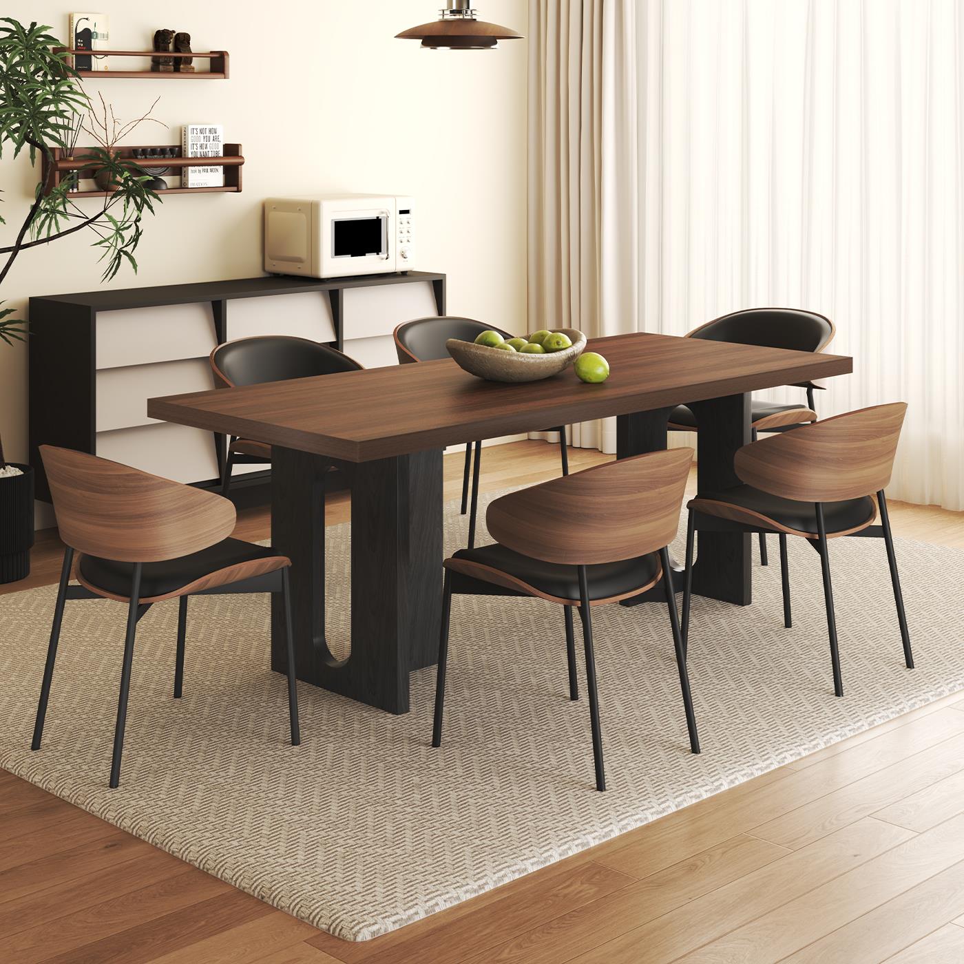 意式轻奢胡桃色岩板餐桌椅组合家用现代极简小户型长方形下挂饭桌