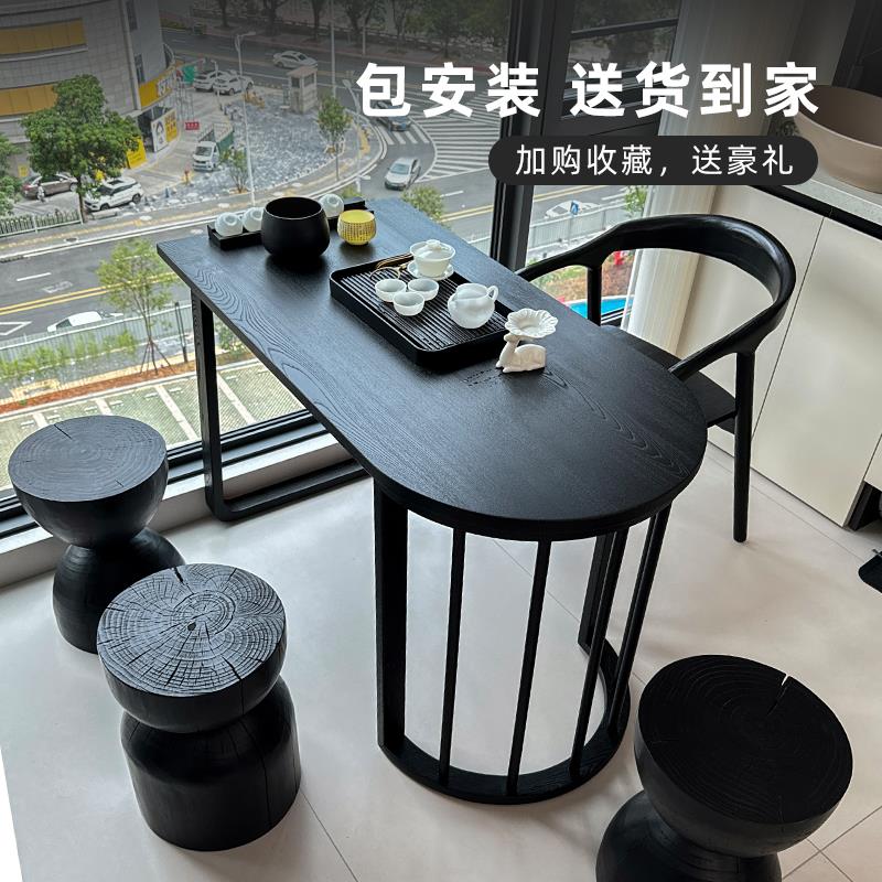 新款侘寂风阳台小型茶桌椅组合新中式泡茶桌炭黑色干泡茶台靠墙桌