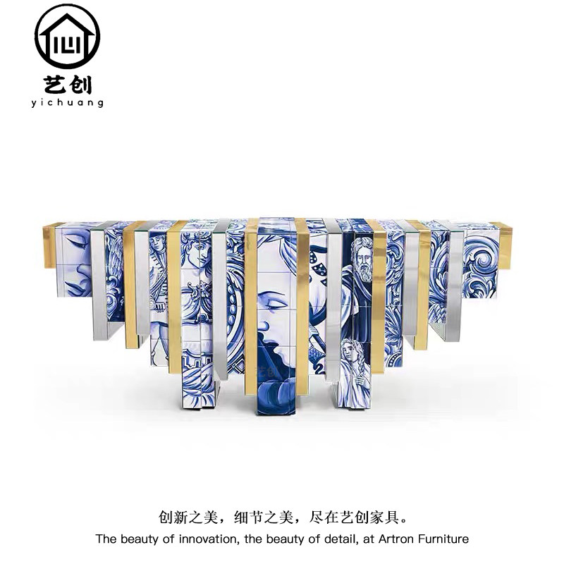 葡萄牙高端彩绘玄关台别墅豪宅大平层入户设计师款艺术感靠墙条案