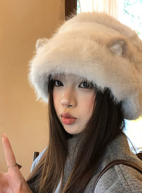 可爱猫咪耳朵渔夫帽女冬季2025新款防寒保暖毛绒帽子大头围盆帽子