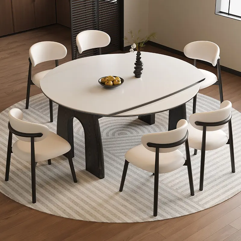 法式实木岩板餐桌可伸缩现代简约