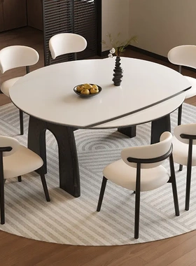 法式实木岩板餐桌可伸缩现代简约方圆两用家用小户型折叠可变圆桌