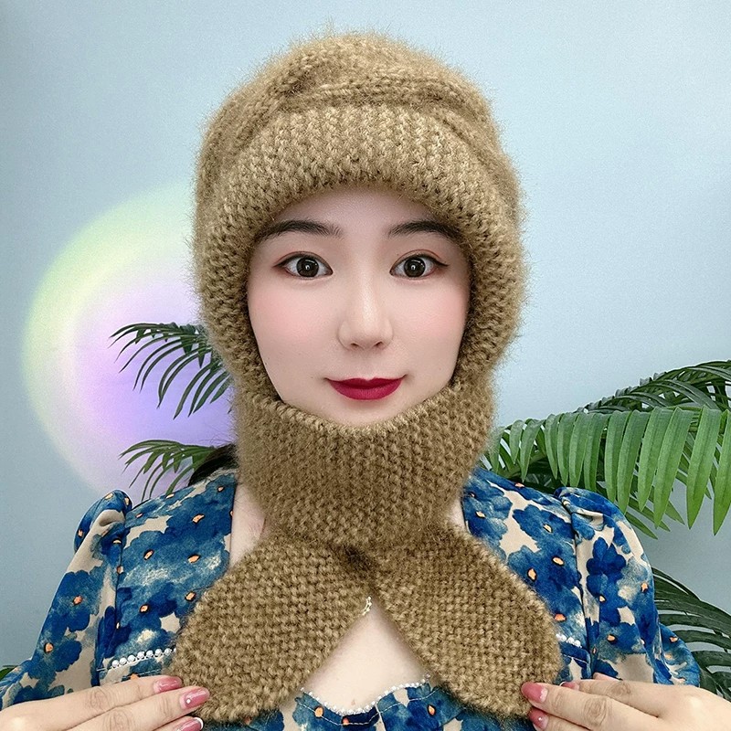 秋冬季手工针织帽子女保暖护颈洋气护耳毛线帽包头帽围巾帽子一体