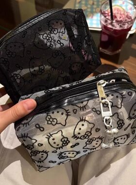 kitty化妆包旅游行便携大容量收纳黑色网纱包手拿补妆包简约可爱