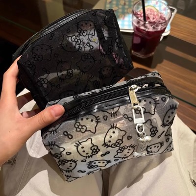 kitty化妆包旅游行便携大容量收纳黑色网纱包手拿补妆包简约可爱