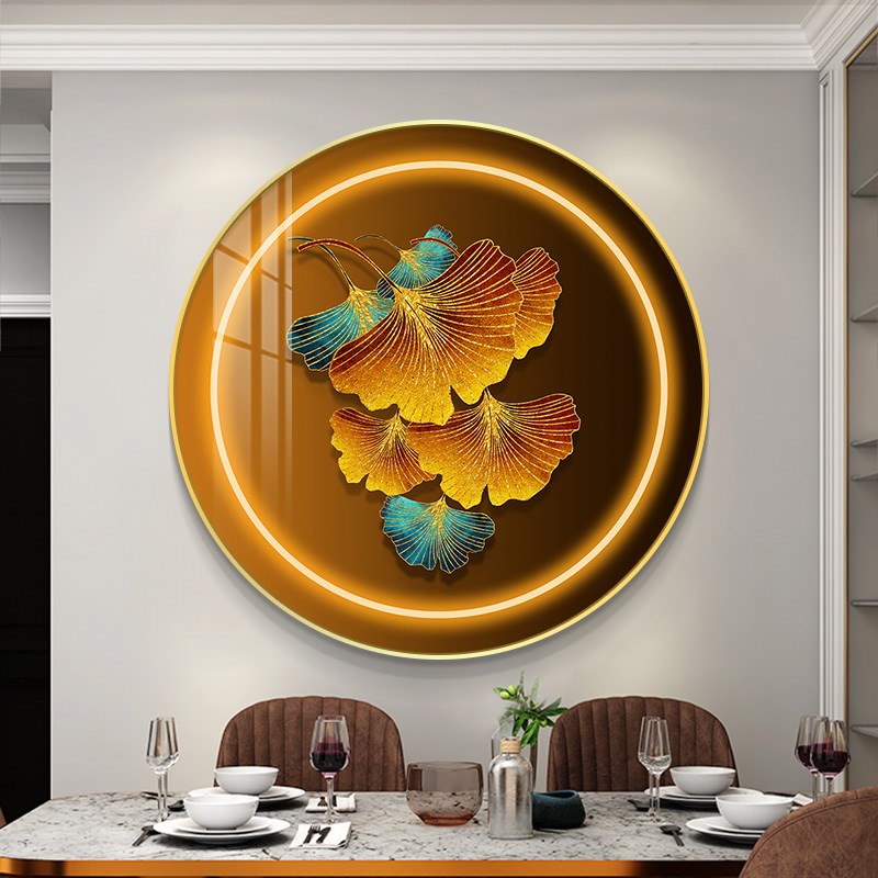 速发轻奢银杏叶装饰画羽毛挂形餐厅饭桌壁画走廊玄关画圆组画合画