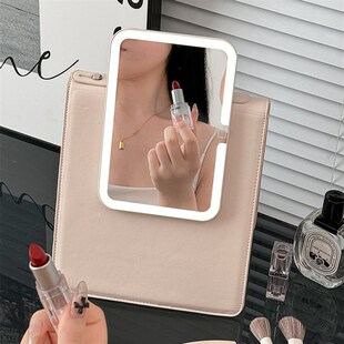 高端轻奢二合一便携手提化妆镜 速发奶油风带镜子2024新款