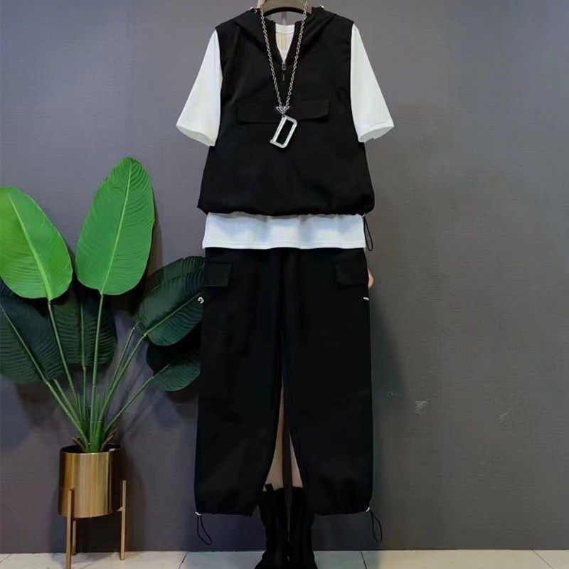 速发大码装新款休闲洋尚套装韩版时打马甲气底半袖裤子三件套,女装/女士精品,大码套装,淘宝优惠券,粉丝福利购,淘宝优惠卷