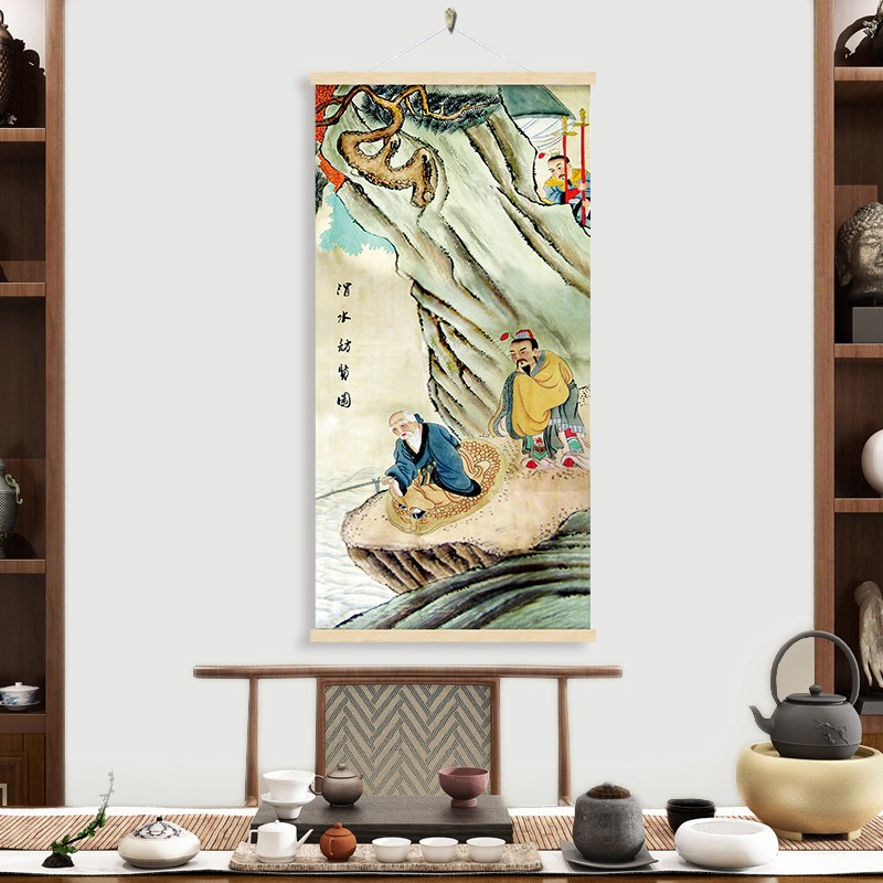 速发姜太公钓鱼画姜子牙挂画布艺书房装饰画禅意水墨画茶室壁画挂图片
