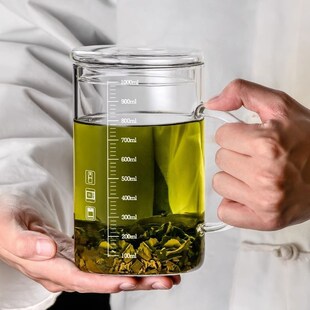 速发1大容量玻璃杯茶杯刻度水杯男办公室带盖带把手喝茶喝水杯子