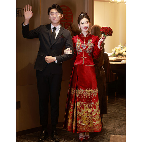 速发订面裙婚服敬旗服凤凰马婚服新娘酒红色秀禾服酒袍结婚中式礼