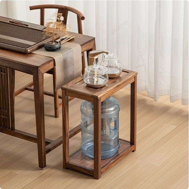 新中式胡桃木移动茶台家用实木茶水柜阳台带轮茶车烧水壶一体茶桌