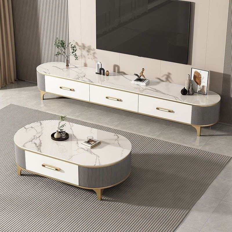 岩板茶几家用客厅新款现代简约网红小户型高级茶桌椭圆电视柜组合