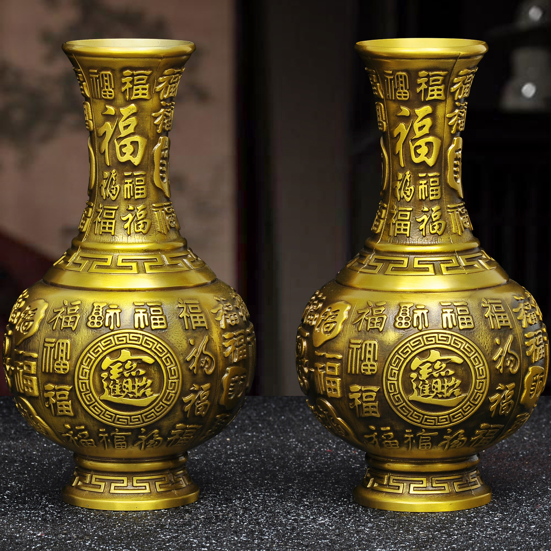 纯黄铜百福花瓶一对摆件招财开业