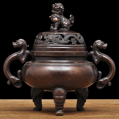 紫铜色三足熏香炉香道茶道香炉家用室内檀香盘香炉香薰炉铜香炉