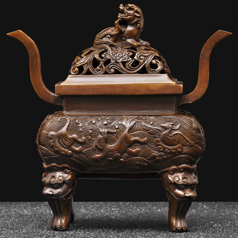 紫铜色朝冠耳瑞兽方炉家用仿古香炉香道茶道香炉檀香盘香炉香薰炉,家居饰品,桌面摆件,淘宝优惠券,粉丝福利购,淘宝优惠卷