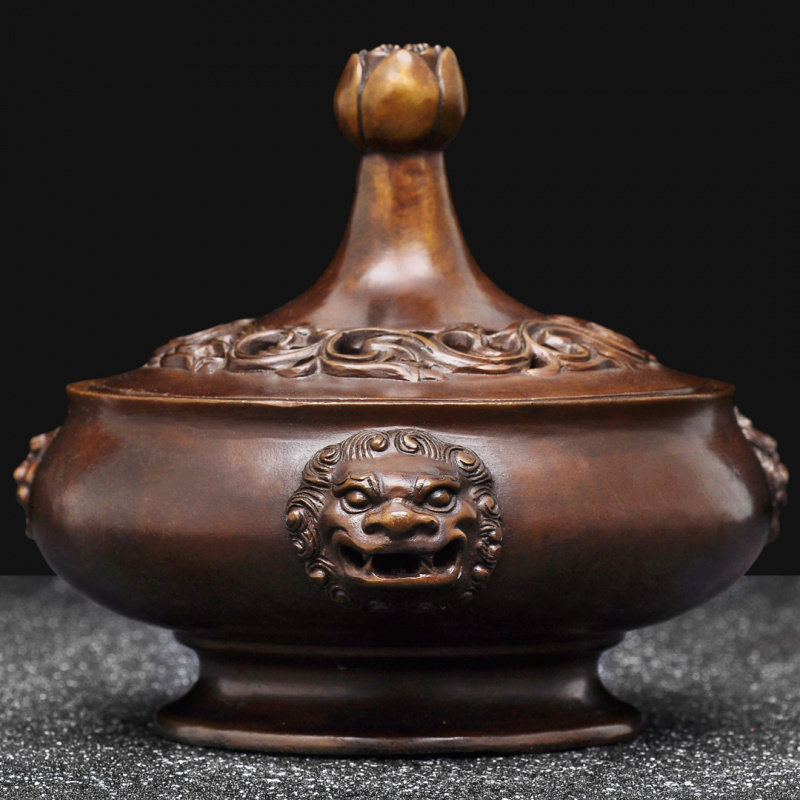 紫铜色三狮头莲花香炉仿古宣德香炉家用香道茶道檀香盘香炉香薰炉,家居饰品,桌面摆件,淘宝优惠券,粉丝福利购,淘宝优惠卷