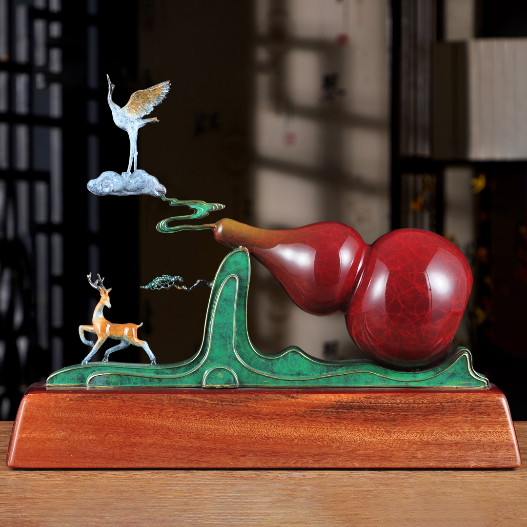 彩铜福禄双至葫芦摆件仙鹤梅花鹿家居客厅装饰品送老人祝寿贺寿