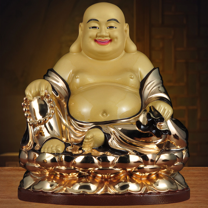 彩铜弥勒佛摆件招财笑佛大肚佛家用寺庙佛堂供奉莲花坐像铜佛像