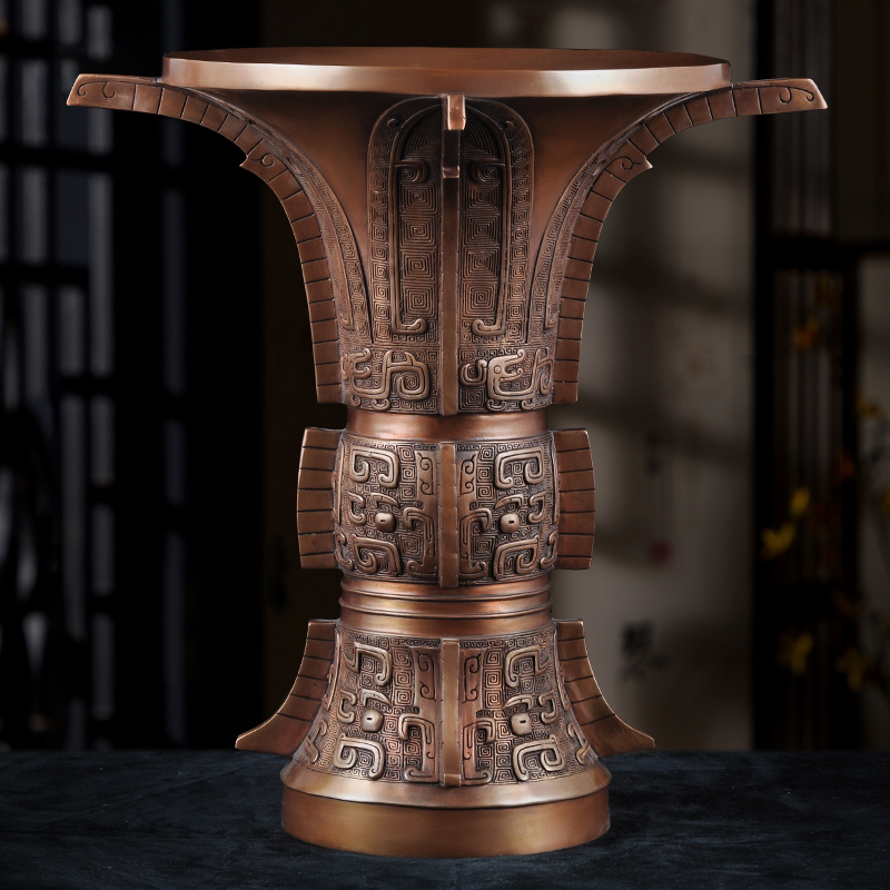 紫铜兽面纹花觚摆件天觚花觚