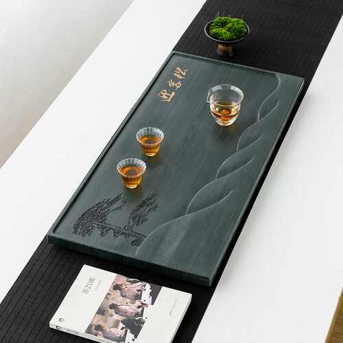 天然绿檀木纹石茶盘家用简约整块石头茶台大茶海轻奢小型排水托盘