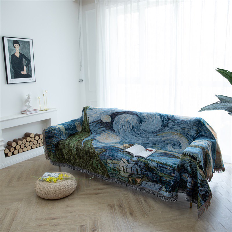 出口外贸梵高油画装饰挂毯沙v发罩靠背巾星空盖巾地毯沙发盖布坐