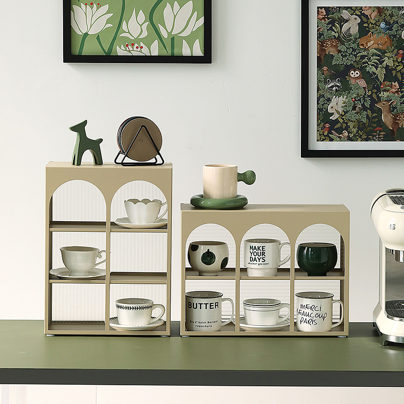 创意多层展示架 铁艺拱门杯架 奶茶色玄关L置物架 客厅桌面收纳架