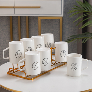 12杯大水d具套陶瓷杯泡茶壶 绿托盘 8杯带杯架办公招待数字杯组合