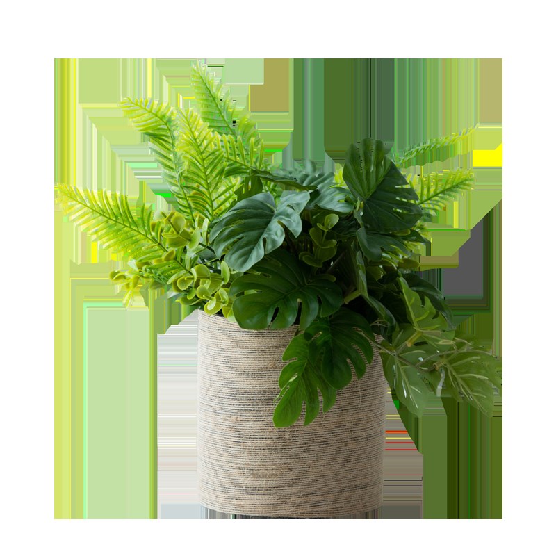 麻绳陶直瓶仿真花假花p绿植龟背叶室内餐桌家居桌面摆件设盆栽装