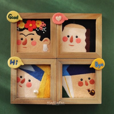 羊毛毡戳戳乐世界名画相框画珍珠少女 情J侣礼物手工DIY镜子材料