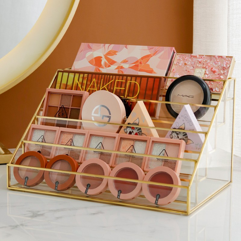 高雅黑玻璃粉饼眼影盘展示架x腮红口红收纳盒金边桌面化妆品收纳