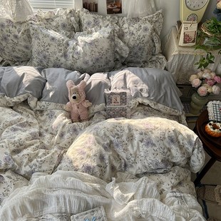 法式 复古床上四件套花边碎花水洗棉床单笠被套床裙宿Y舍床上三件