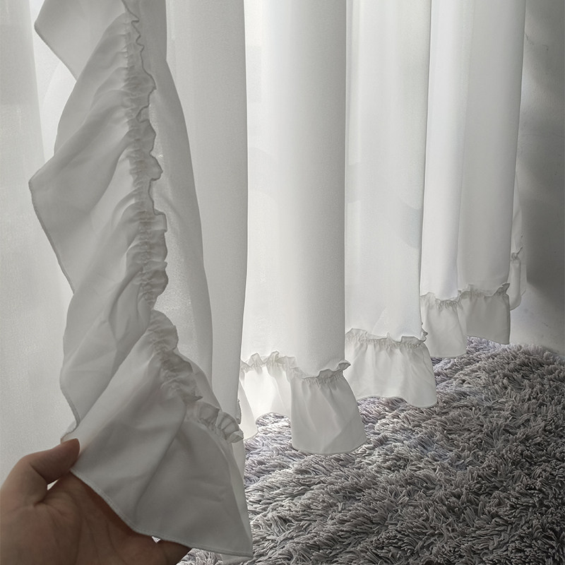 法式荷叶b边小清新奶油风白纱透光不透人纱帘免打孔客厅卧室门半