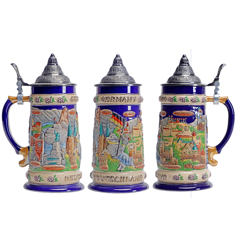 欧式德国啤c酒杯复古创意大酒杯扎啤陶瓷杯手工浮雕彩绘杯子马克