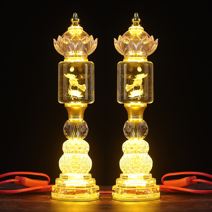 透明灯七彩长明灯荷花灯LED玻璃水晶莲花灯观音佛灯插电家用黄光
