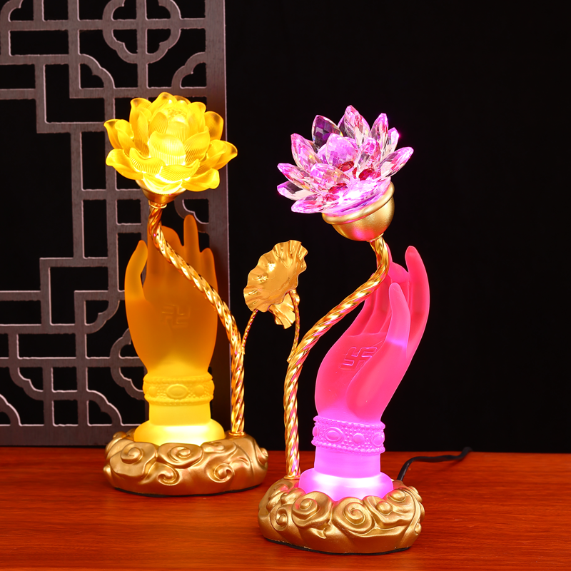 佛供灯琉璃莲花灯七彩佛手灯佛灯家用LED长明灯电供花佛前手捧花