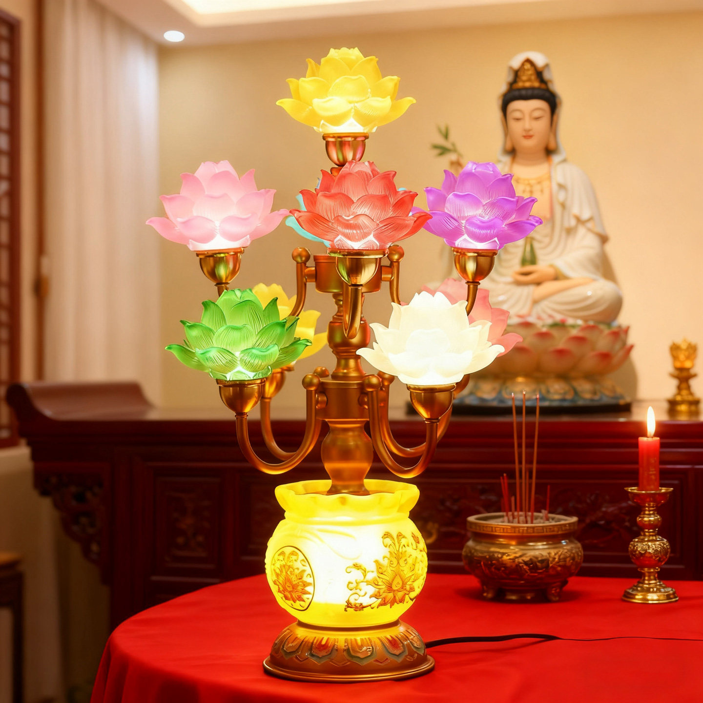 LED彩色荷花灯长明佛堂供灯新款插电佛前供灯七彩莲花灯电子供灯