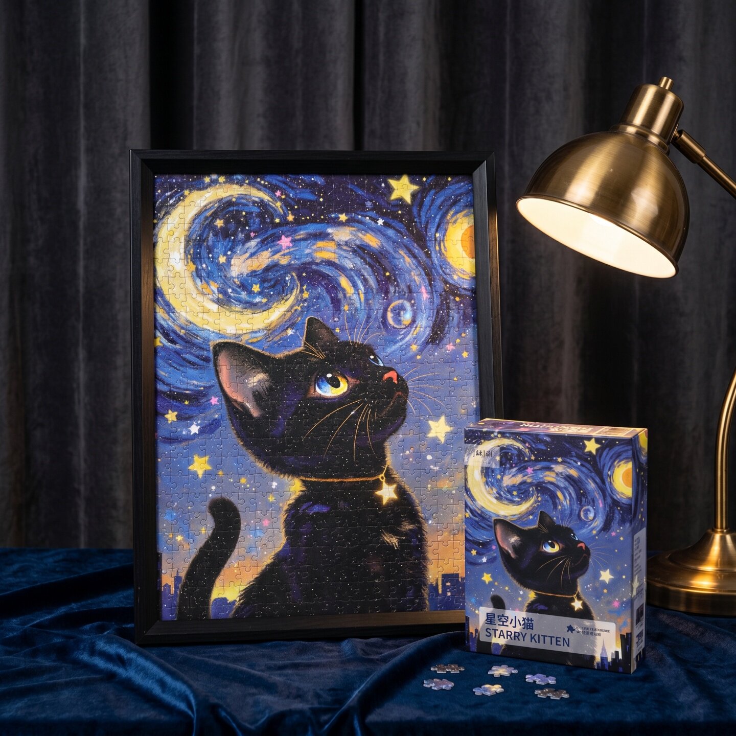 梵高星月夜星空小猫拼图500片 治愈系成人减压生日礼物 带框挂画