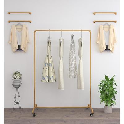 服装展示架加厚铁水管龙门架带滑轮简易促销落地架金色复古铁衣架