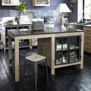 北欧实木中岛台厨房大理石餐柜收纳柜备餐桌料理台原木做旧碗盘柜