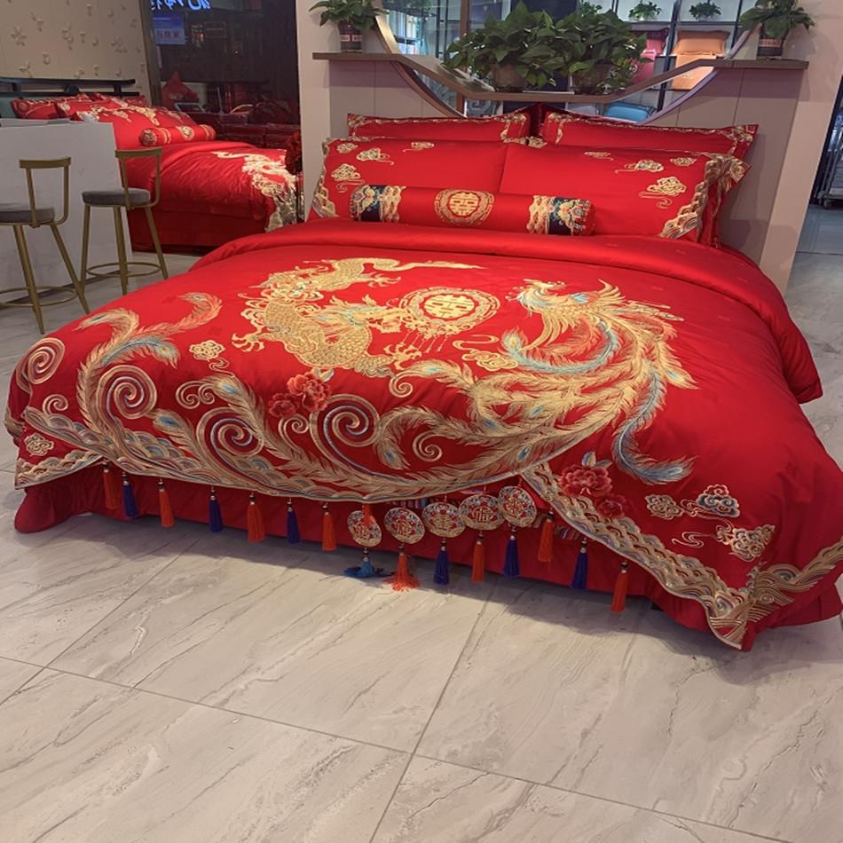 140S支长绒棉婚庆刺绣中式四件套大红色绣花结婚四六十件套床上
