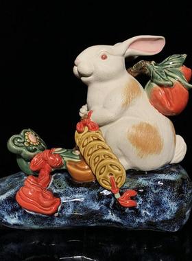 石湾公仔陶瓷兔子摆件家居装饰客厅新中式小白兔摆设兔年春节送礼