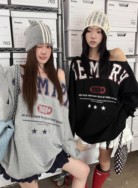 ME KAKAMEE十三行秋季美式复古字母斜肩大版宽松卫衣上衣女
